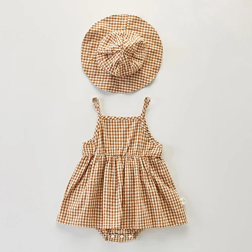 Girls Cotton Plaid Toddler Hat Sleeveless Dress