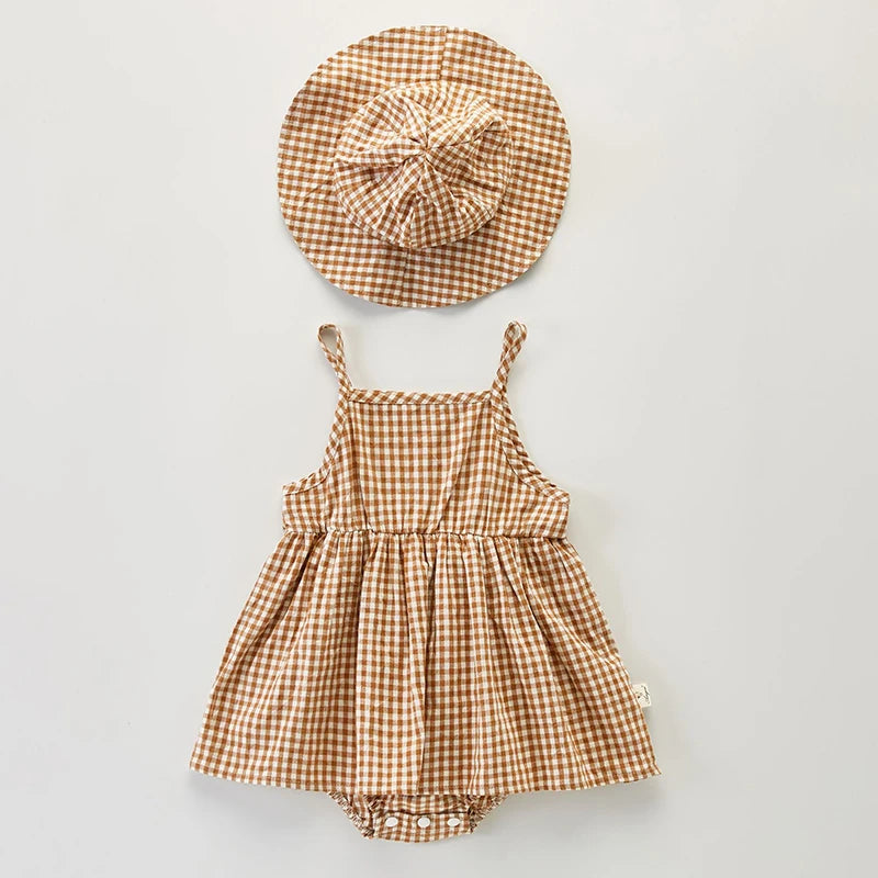 Girls Cotton Plaid Toddler Hat Sleeveless Dress